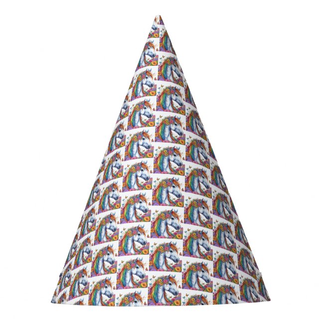 Chapéu De Festa Cavalo Whimsso Rainbow Floral Equestre Aniversário (Frente)