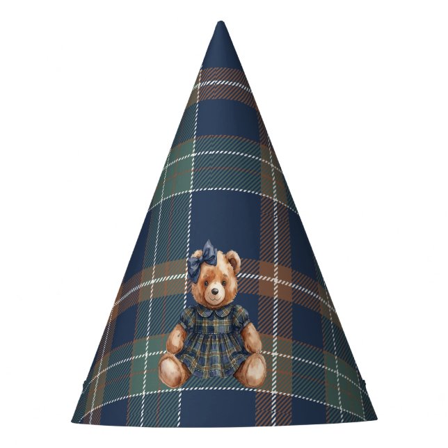Chapéu De Festa Classic Navy Plaid Teddy Bear Girl Birthday  (Frente)