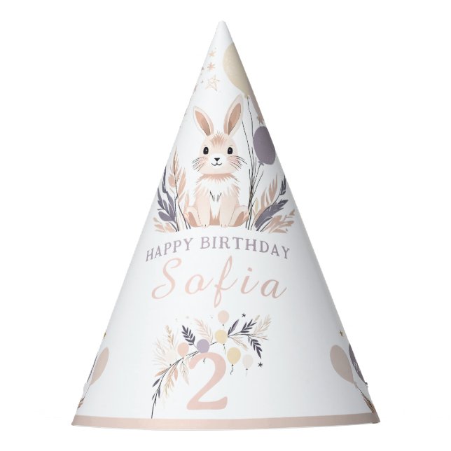 Chapéu De Festa Coelho Pastel Boho e Balões Aniversário (Frente)