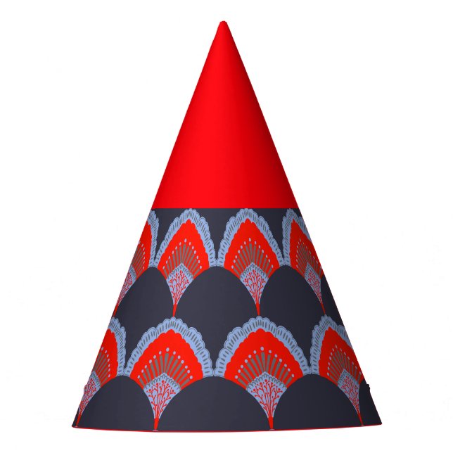 Chapéu de festa com penas de pavão vermelho e azul (Frente)