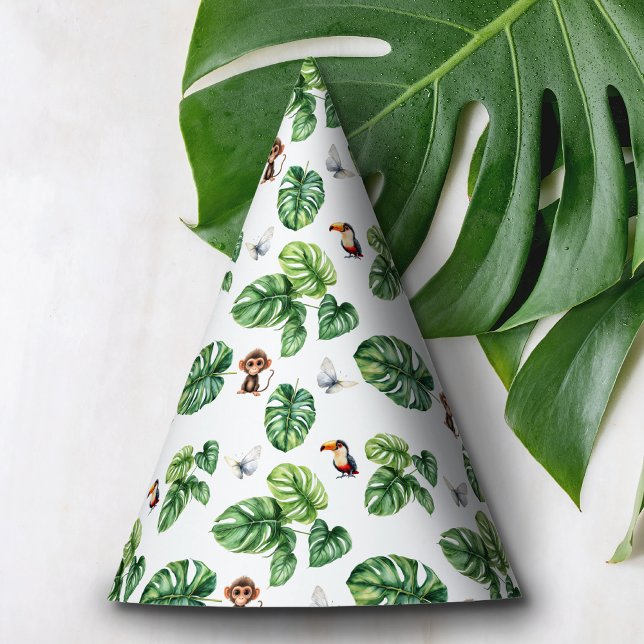 Chapéu De Festa Decoração do Tema da Selva Safari (Safari Animal Pattern Animals Toucan Monkey Butterfly Tropical Leaves Birthday Wrapping Paper)