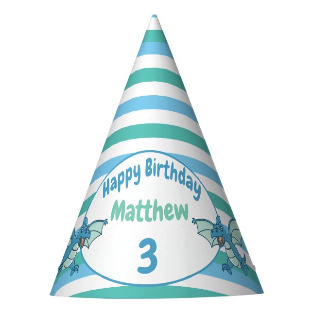 Chapéu De Festa Dinossauros Azuis e Verdes e Dragões (Frente)