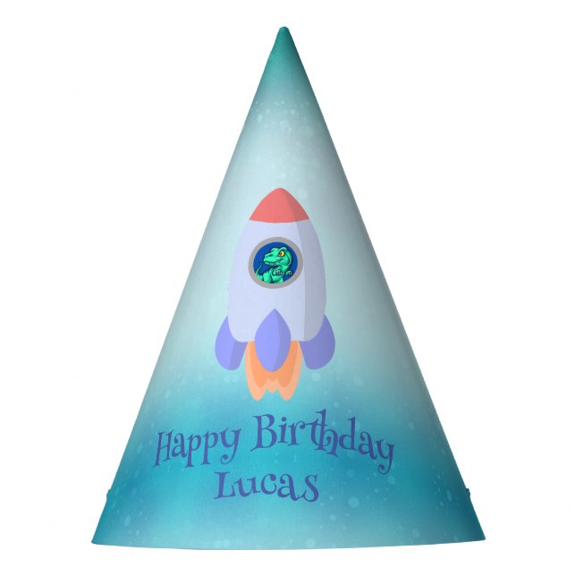 Chapéu De Festa Engraçado T-rex dinossauro estudante de foguetes B (Frente)