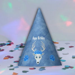 Chapéu De Festa Fantasy White Head of Deer Antlers Blue Rosas