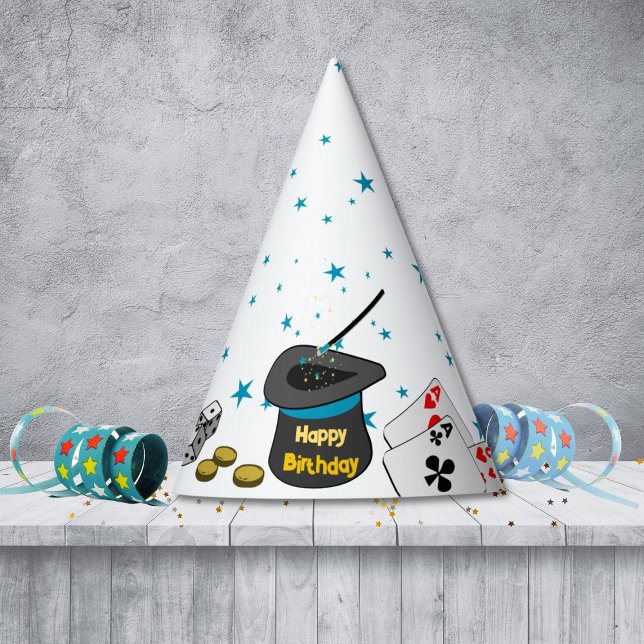 Chapéu De Festa Feliz Aniversário Mágico Show Black White Kids (Happy Birthday Magic Show Black White Blue Kids Party Hat, Customize Text, Colors)