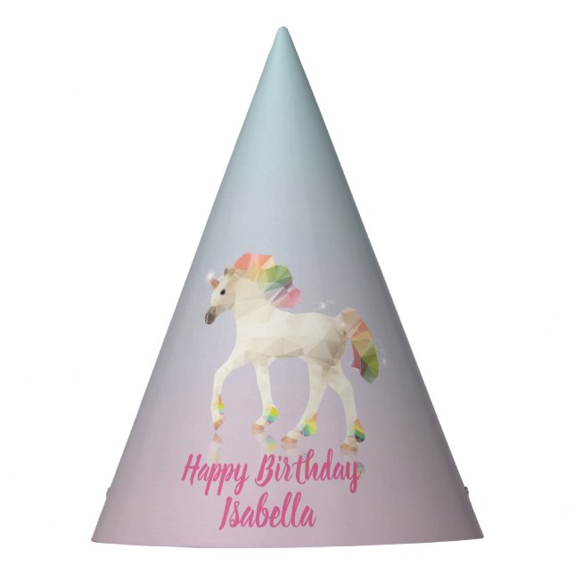 Chapéu De Festa Feliz Aniversário Rainbow Unicorn Name - Party Hat (Frente)