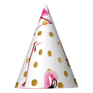 Chapéu De Festa flamingos cor-de-rosa, pontos ouros, aquarela.