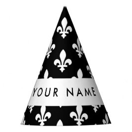 Chapéu De Festa Flor de Lis, Branco sobre Preto, Branco, Seu Nome