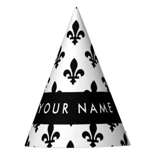 Chapéu De Festa Flor de Lis, Preto sobre Branco, Preto, Seu Nome