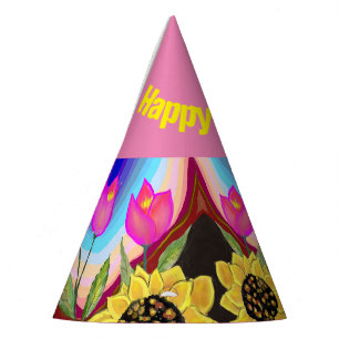 Chapéu De Festa Flores Coloridas Tulipas Rosa E Girassóis Amarelos