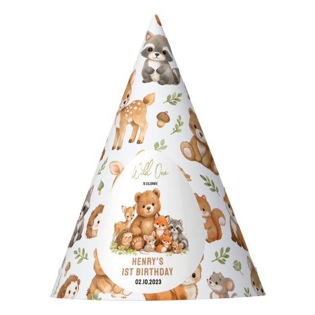 Chapéu De Festa Forest Woodland Animals Wild One 1st Birthday (Frente)