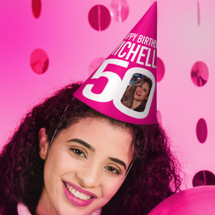 Chapéu De Festa Foto de 50 anos, foto personalizada, rosa quente b