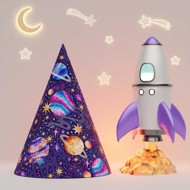 Chapéu De Festa Galáxia Espacial Exterior com Cometas Planetas e E (Outer Space Galaxy with Planets Comets and Stars Party Hat)