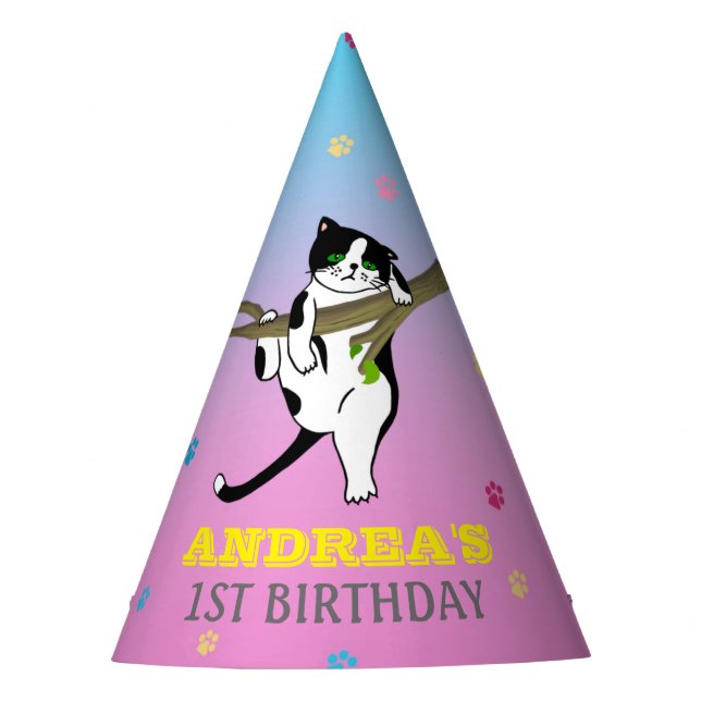 Chapéu De Festa Gatinho Gatinho Gatinho primeiro aniversario Roxo  (Frente)