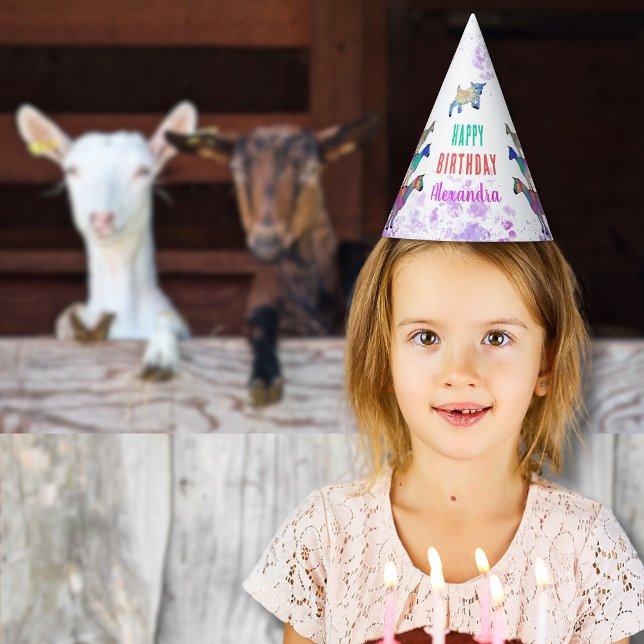 Chapéu De Festa Goats Fazenda Animal Happy Birthday Hat (Cute goats farm birthday party custom paper hat with colorful watercolor animal art)