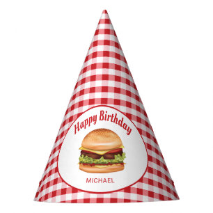 Chapéu De Festa Hamburger Sobre Padrão Vermelho Gingham Feliz Aniv