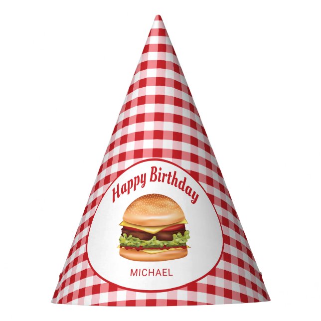 Chapéu De Festa Hamburger Sobre Padrão Vermelho Gingham Feliz Aniv (Frente)