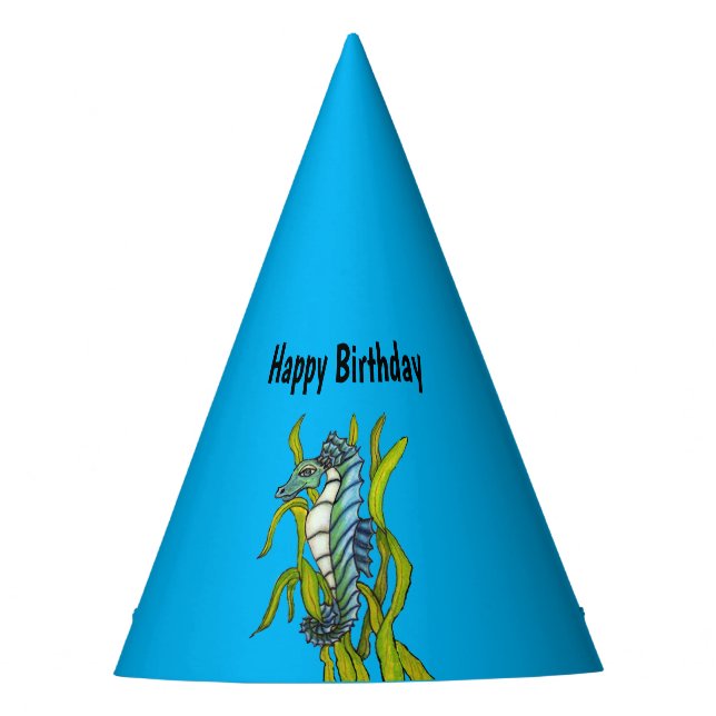Chapéu De Festa Happy Birthday Fantasy Seahorse Seaweed Blue (Frente)