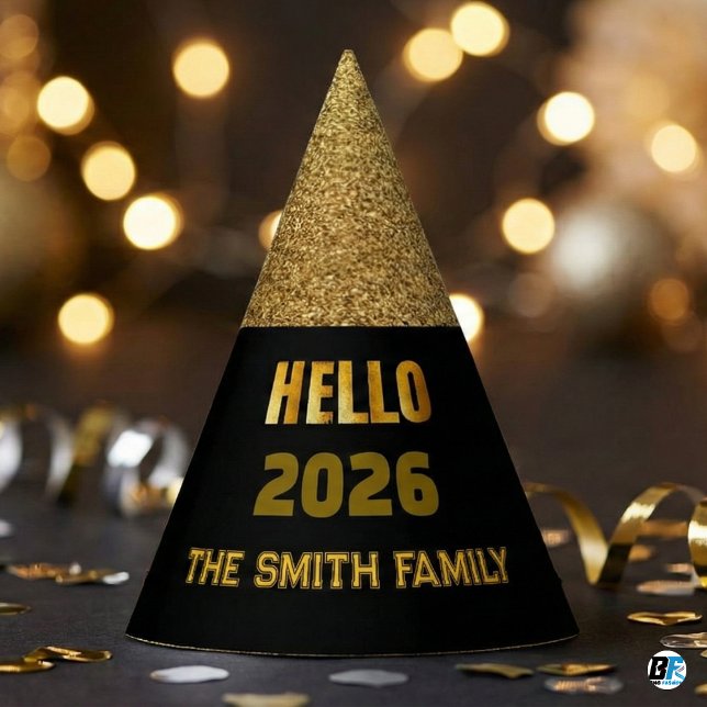 Chapéu De Festa Hello 2026 Black & Gold Glitter Custom Family Name (Hello 2026)