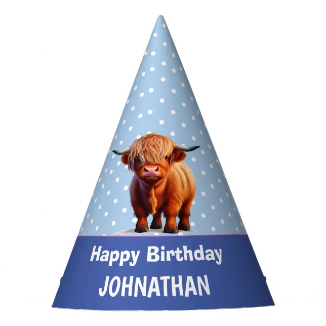 Chapéu De Festa Highland Cow Happy Birthday Blue Party Hat (Frente)