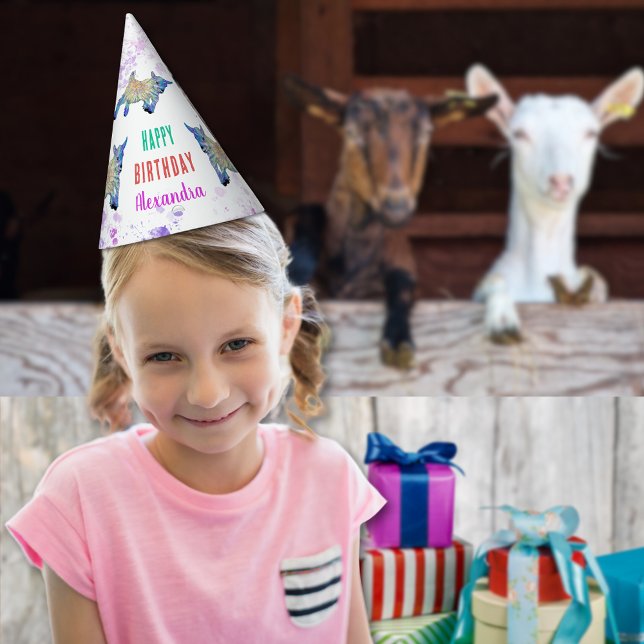 Chapéu De Festa Ir para Festa de aniversário Personalizada (Cute goat colorful farm animal art happy birthday custom name paper hat watercolor splash any age)