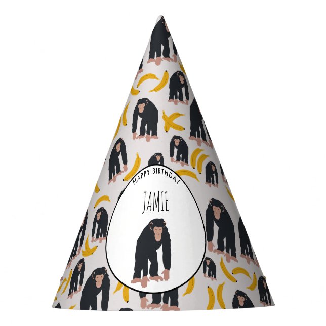 Chapéu De Festa Macaco Personalizado Chimpanzee & Banana Aniversár (Frente)