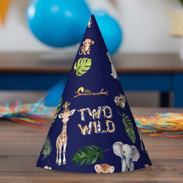 Chapéu De Festa Marinho Azul Dois Selvagens Selvagens Safari segun (Navy Blue,Two Wild Jungle Animals Themed Birthday Party Hat.)
