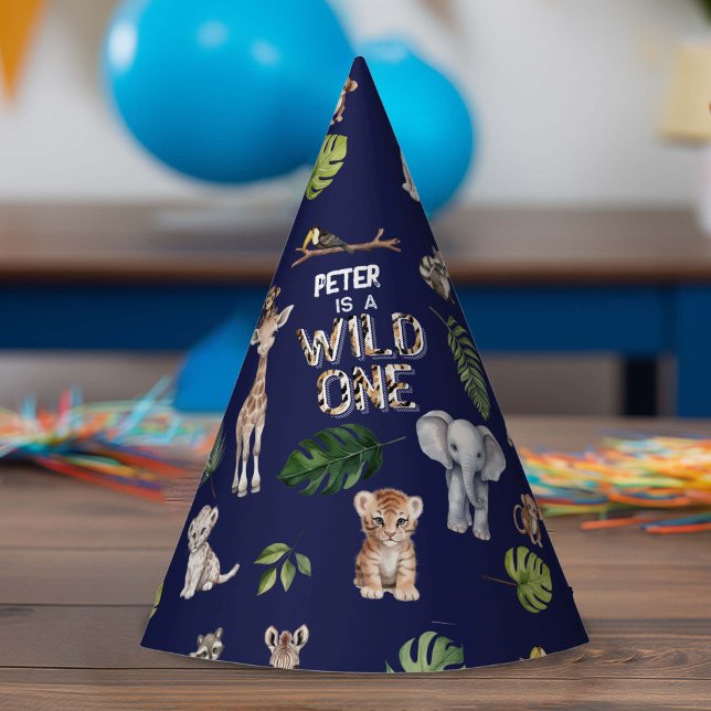 Chapéu De Festa Marinho Azul Selva Animais Selvagem Selvagem Um pr (Navy Blue, WIld ONe Jungle animals boy 1st birthday party hat)