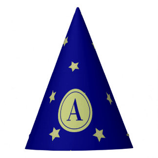 Chapéu De Festa Monograma Elegante com Estrelas em Ouro e Azul