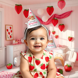 Chapéu De Festa Morangos e laço rosa Aniversário de um ano Berry