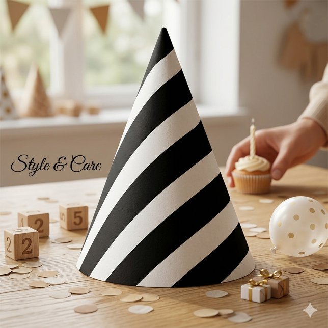 Chapéu De Festa Na moda de branco e preto sólido clássico (Classic Solid White and Black Striped Stylish Party Hat)