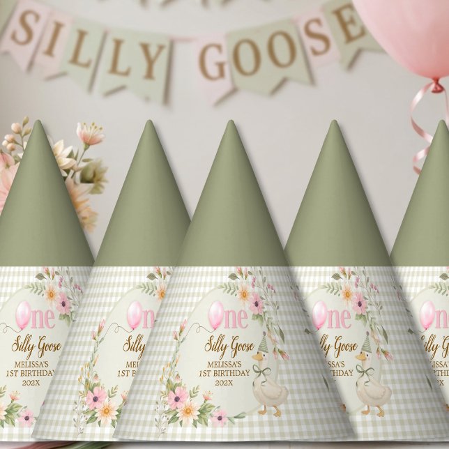 Chapéu De Festa One Silly Goose Gingham Floral Birthday Party Hat (Criador carregado)