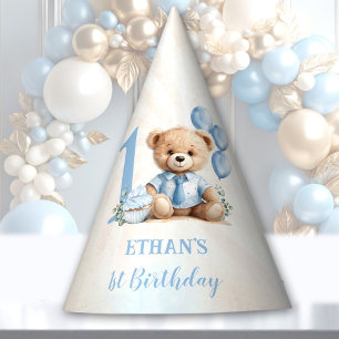 Chapéu De Festa Papel Balões Azul primeiro aniversario Urso de Ted