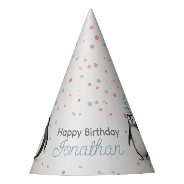 Chapéu De Festa Pinguins do Partido, aquarela, aniversário infanti (Frente)