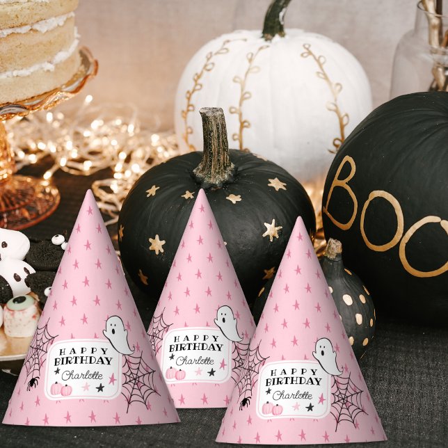 Chapéu De Festa Pink Spooky Halloween Nome Feliz de Aniversário (Criador carregado)