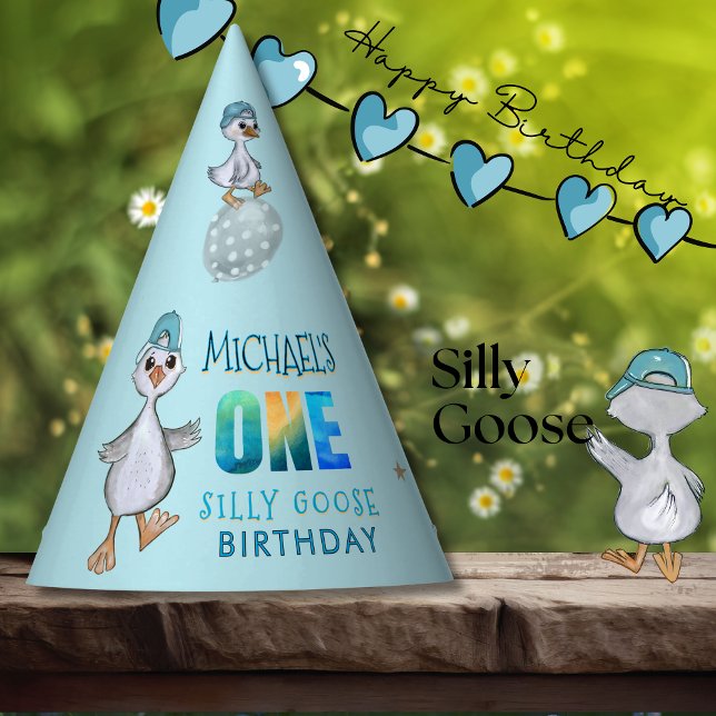 Chapéu De Festa primeiro aniversario  de ganso bobo (Silly Goose 1st Birthday Blue Boy's Party Hat)