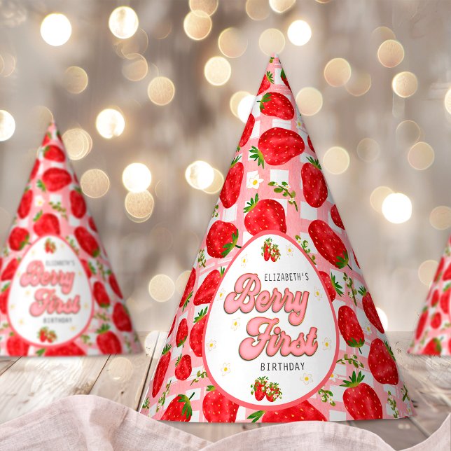 Chapéu De Festa PRIMEIRO ANIVERSARIO de morango vermelho branco PI (Criador carregado)