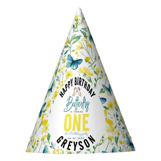 Chapéu De Festa Primeiro aniversario Floral de Borboleta Whimsic (Frente)