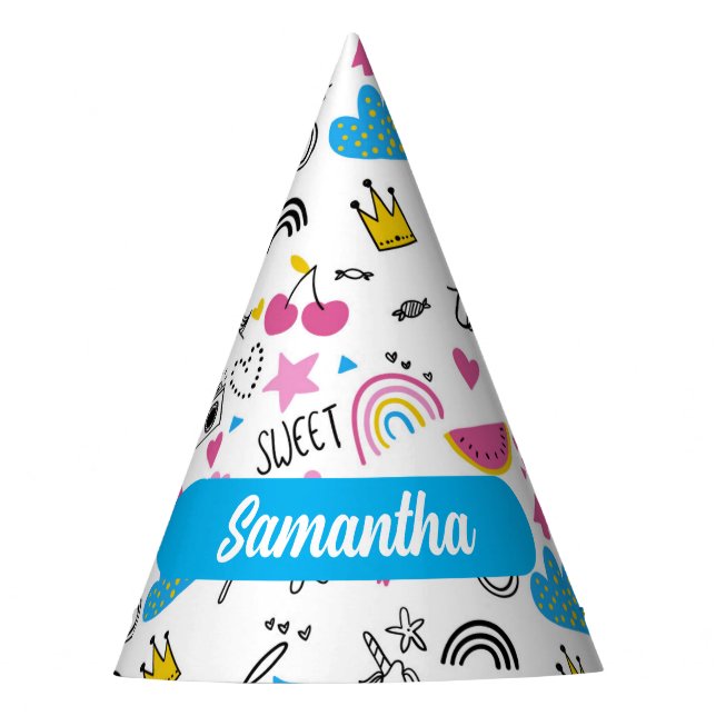 Chapéu De Festa Primeiro Nome Branco Bonito Unicórnio Padrão Arco- (Frente)