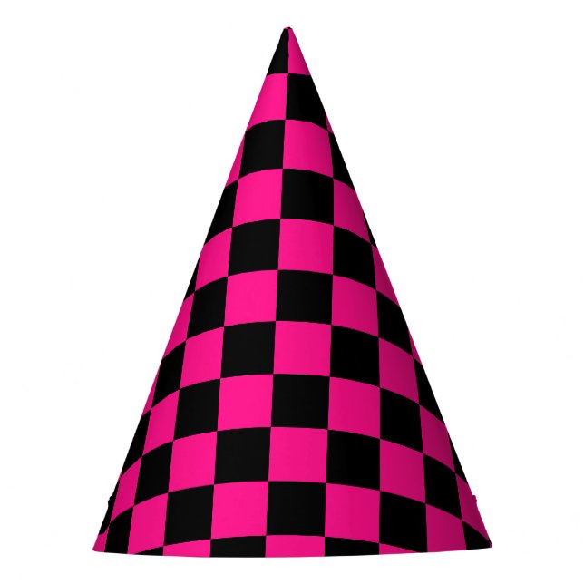 Chapéu De Festa Quadrados verificados retro geométrico preto-rosa- (Frente)