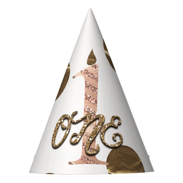 Chapéu De Festa Rosa de Bolinhas de bronze Dourado UM primeiro ani (Frente)