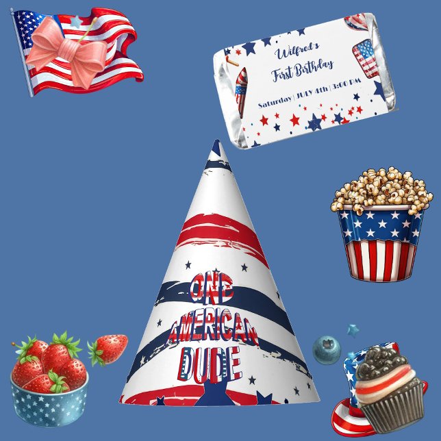 Chapéu De Festa Um americano 4 de julho Red White Blue Birthday (One American Dude 4 July Red White Blue Birthday Party Hat)