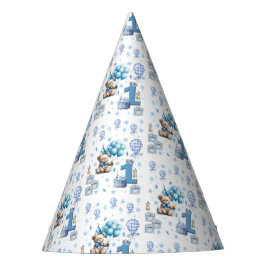 Chapéu De Festa Urso de Pelúcia Azul Feliz 1º Aniversário Papel