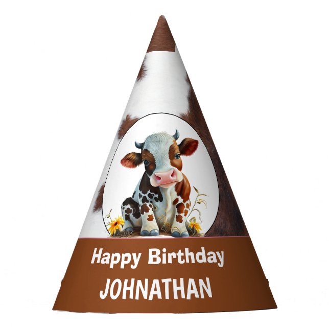Chapéu De Festa Vaca Feliz Aniversário Marrom e Branco (Frente)