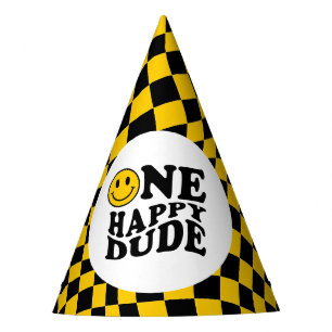 Chapéu De Festa Wavy Checkered Yellow Smile Face One Happy Duo