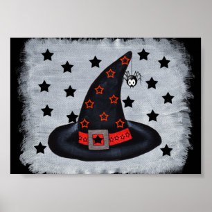 Chapéu Preto de Bruxa Com Estrelas e Poster de Ara
