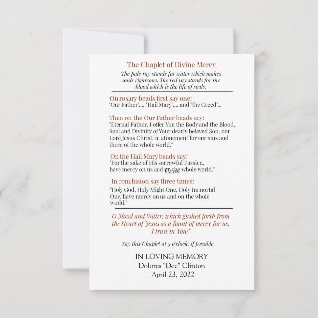 Chaplet Cartão de Oração Divino Compaixão (Verso)