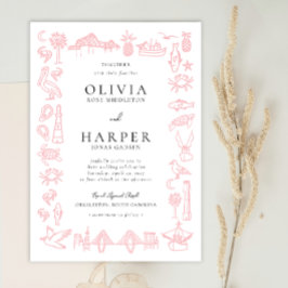 Charleston Toile Border no Convite Pink Weding