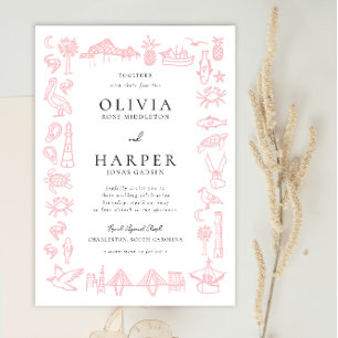 Charleston Toile Border no Convite Pink Weding