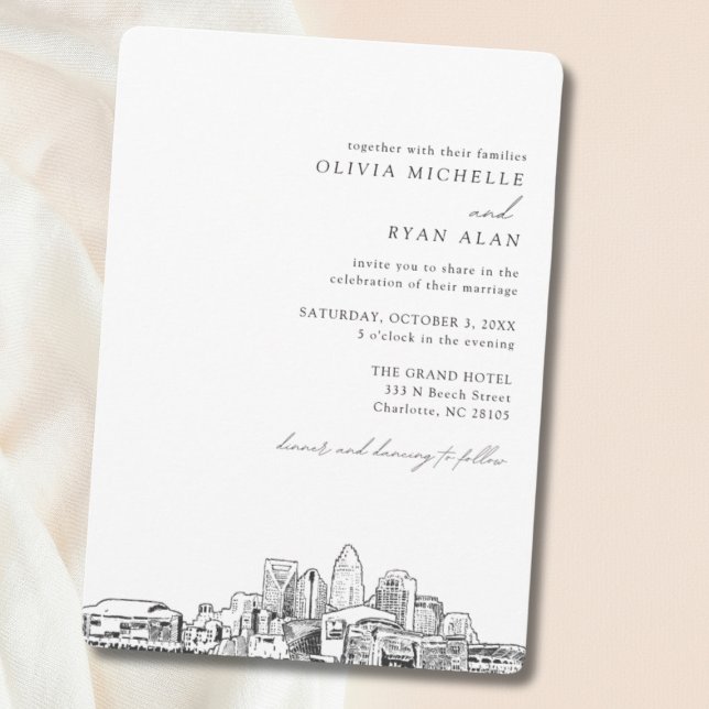 Charlotte Wedding Elegant Skyline Convite (Charlotte North Carolina Wedding Invitation)